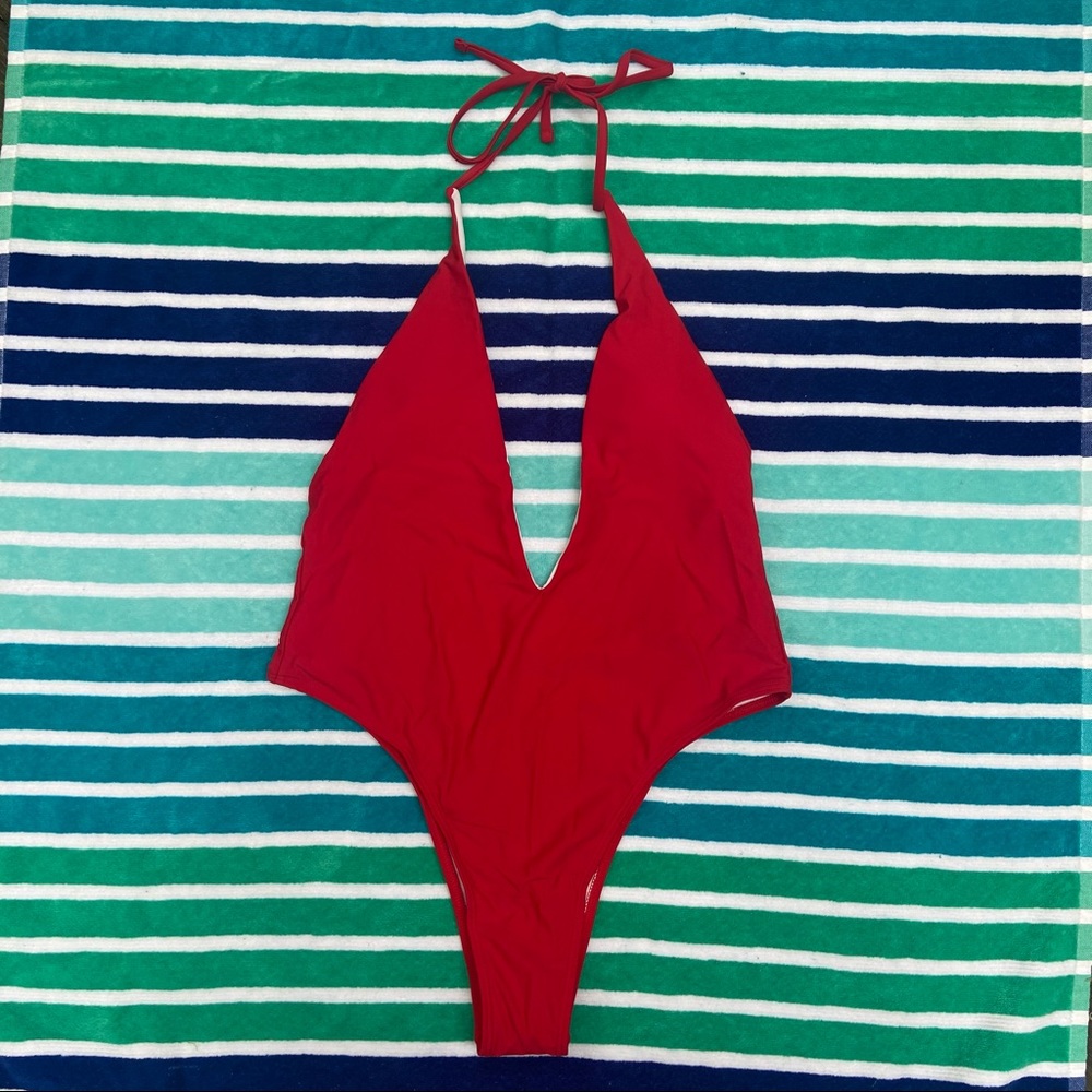 Red Plunge Neck Cheeky One Piece Swimsuit Large